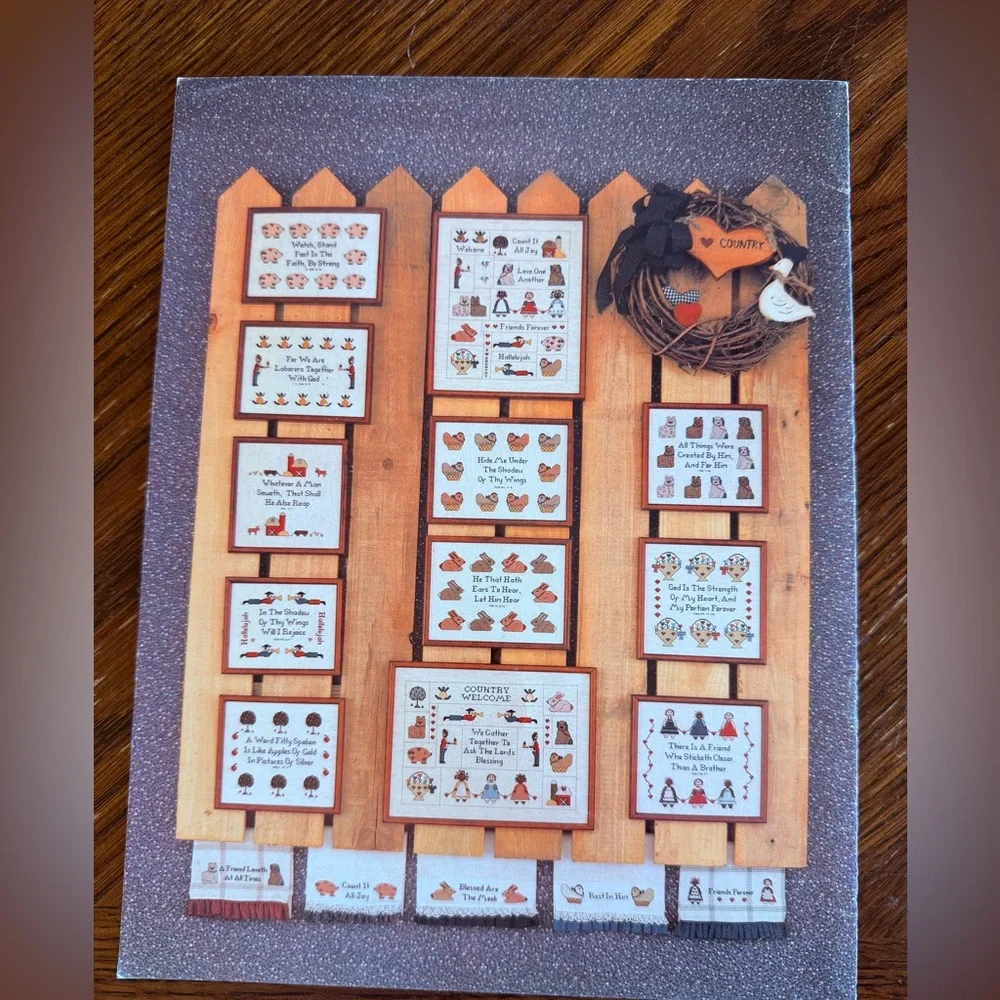 Vintage Cross Stitch leaflet patterns lot of 4 Country scriptures pantry‎ bath